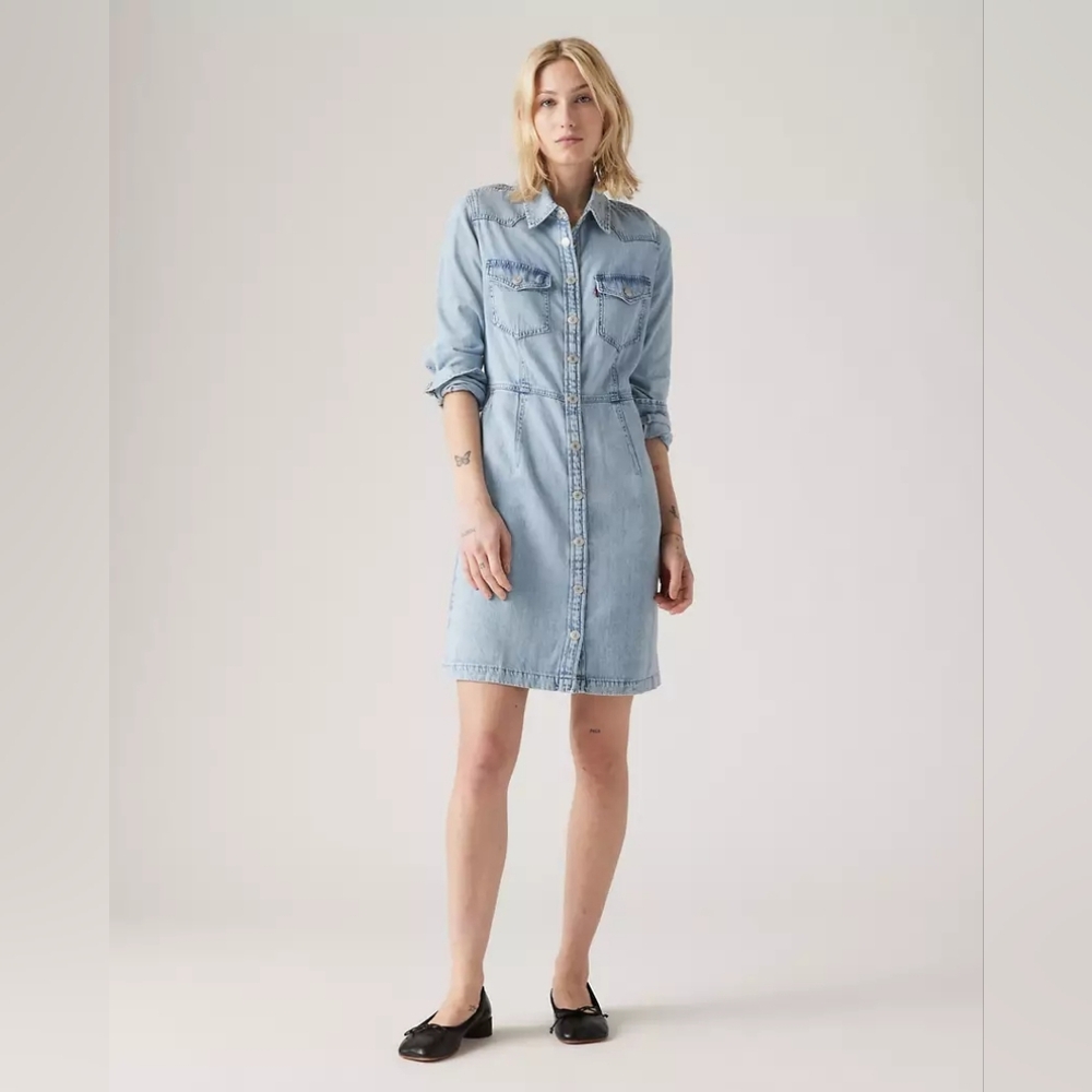 Levi’s Denim Shirt Dress Button Front Light Wash Western Lyocell - Picture 2 of 8